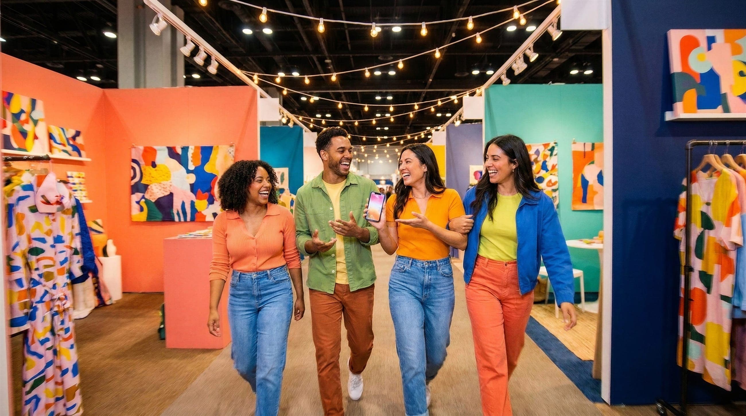 Four friends walk laughing through the aisle of a colourful trade show