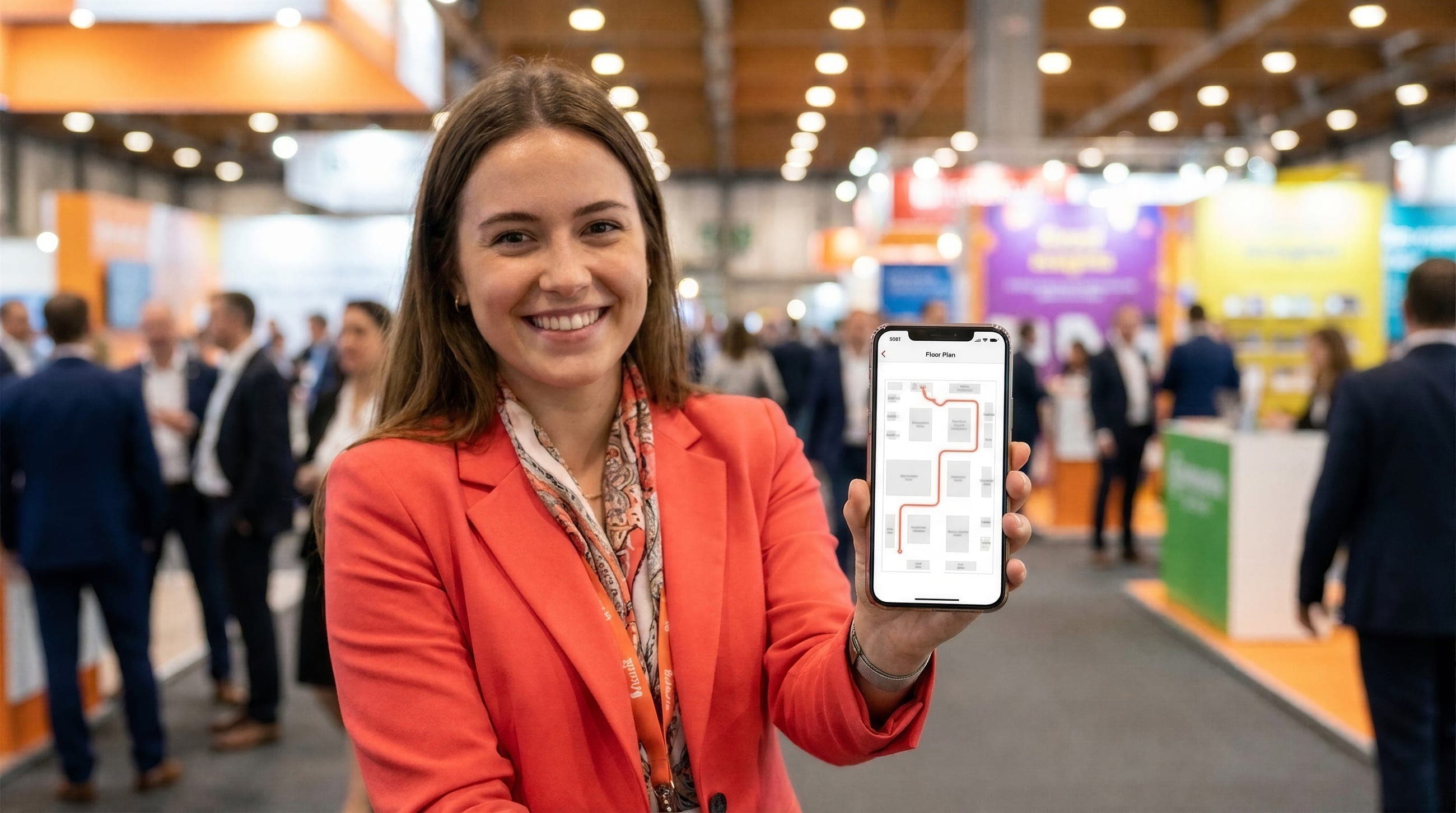 A smiling visitor shows the floor plan on her phone, coral route on screen