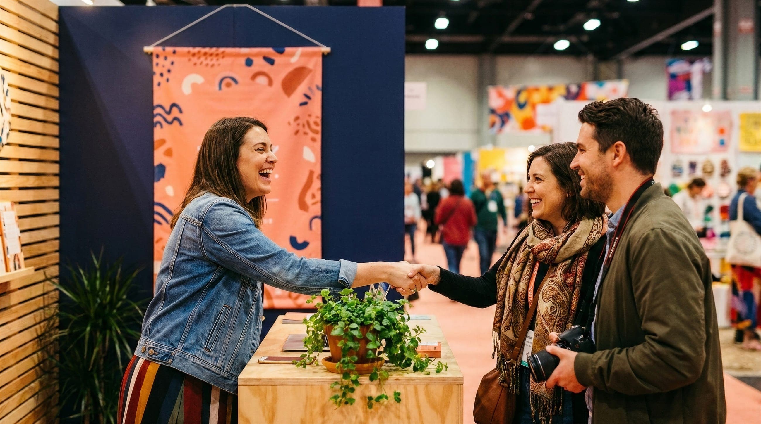 An exhibitor warmly welcomes two visitors to her booth