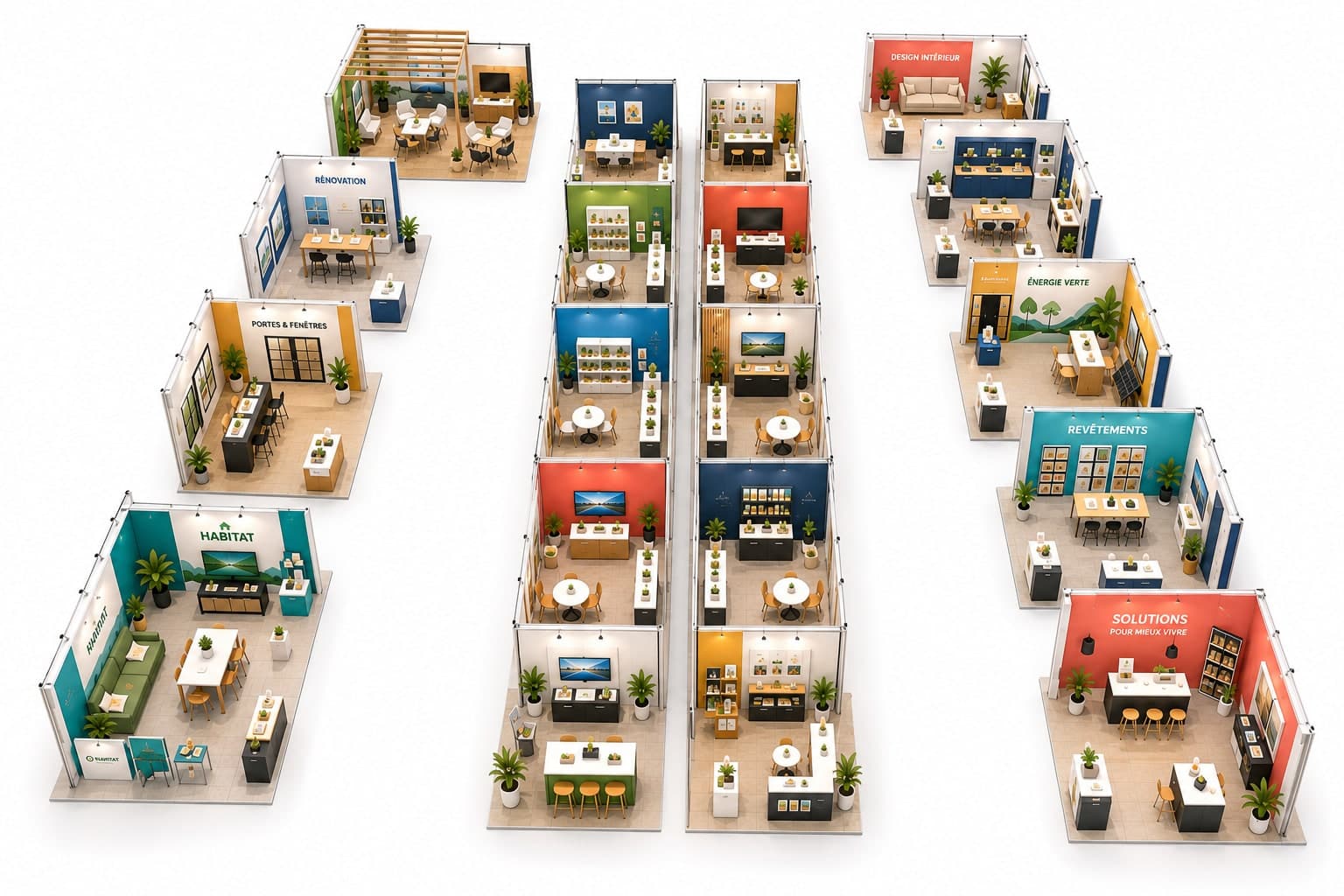 3D trade show floor plan: rows of clean booths with a coral route leading to the destination booth, marked with a pin