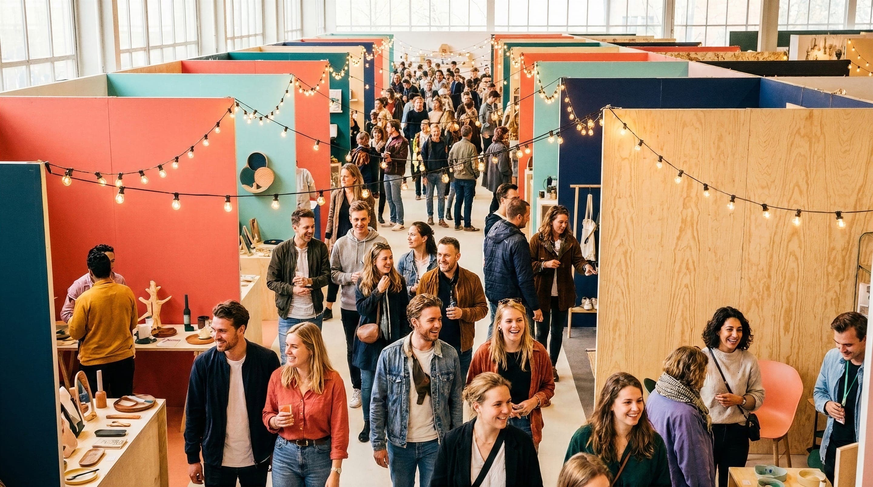 Lively trade show aisles: smiling visitors stroll between colourful booths under string lights